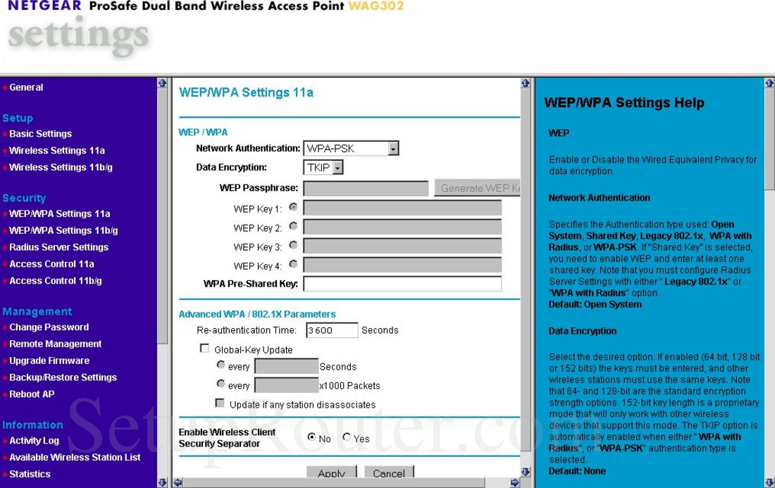 Netgear WAG302 Screenshot WEP and WPA Settings 11a