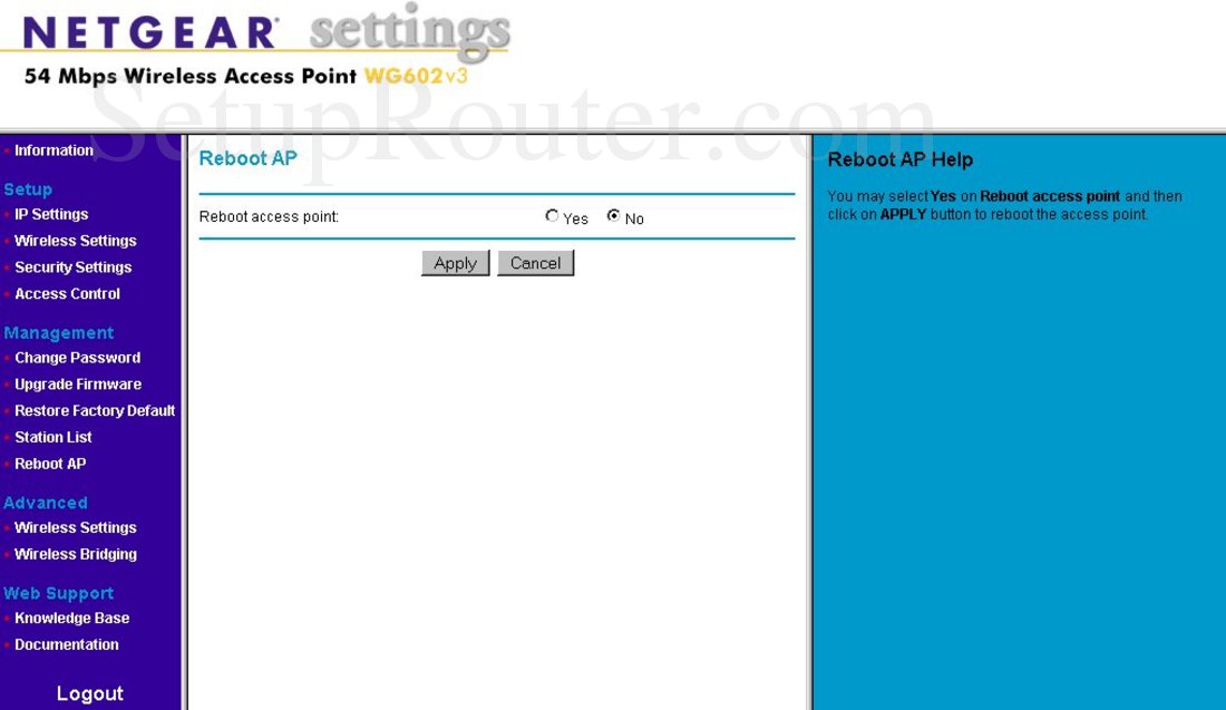 Netgear WG602v3 Screenshot Reboot AP