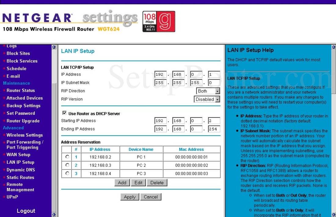 Netgear WGT624 Screenshot LAN IP Setup
