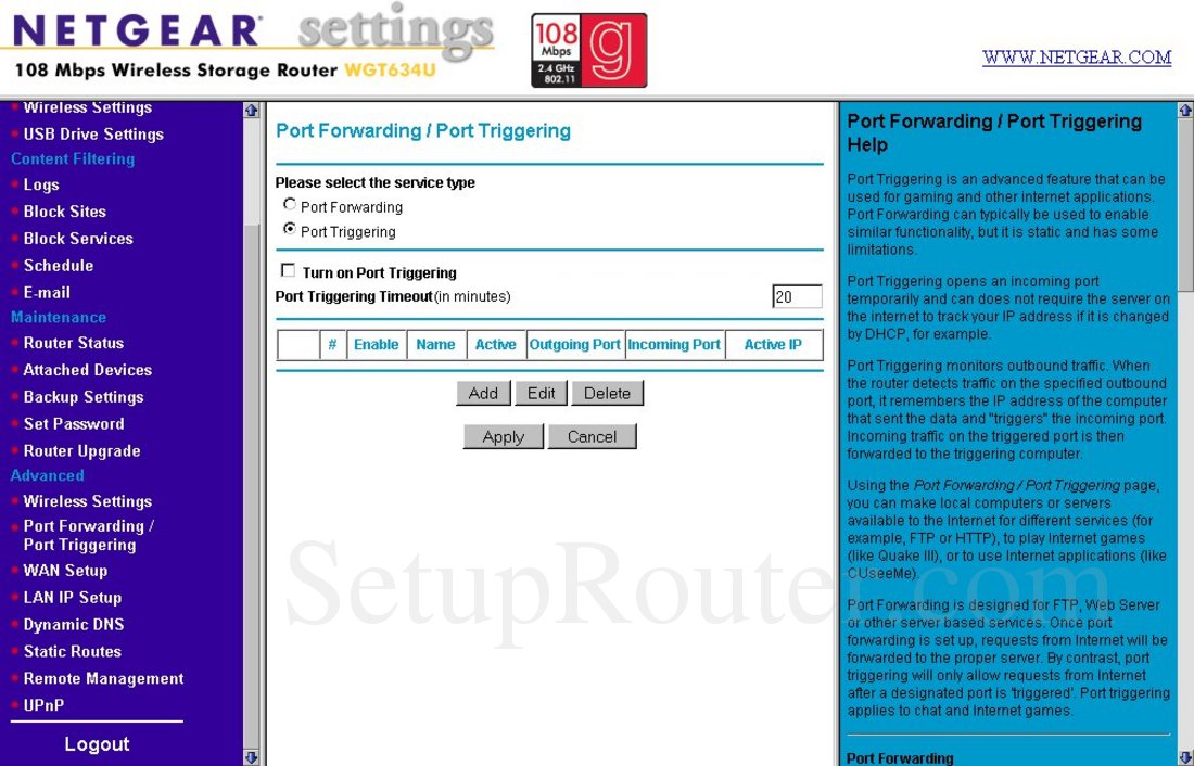 Netgear WGT634U Screenshot Port Triggering