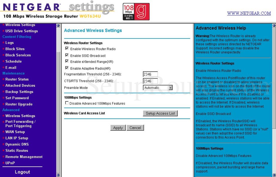 Netgear WGT634U Screenshot Advanced Wireless Settings