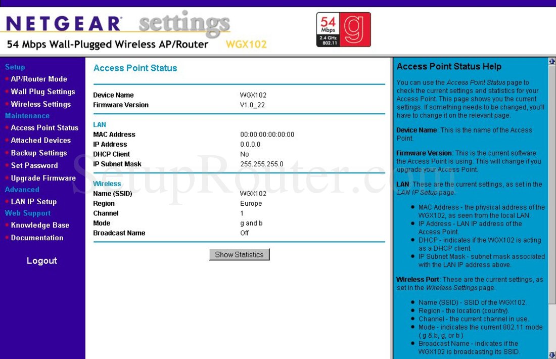 Netgear WGXB102 APMode Screenshot Access Point Status