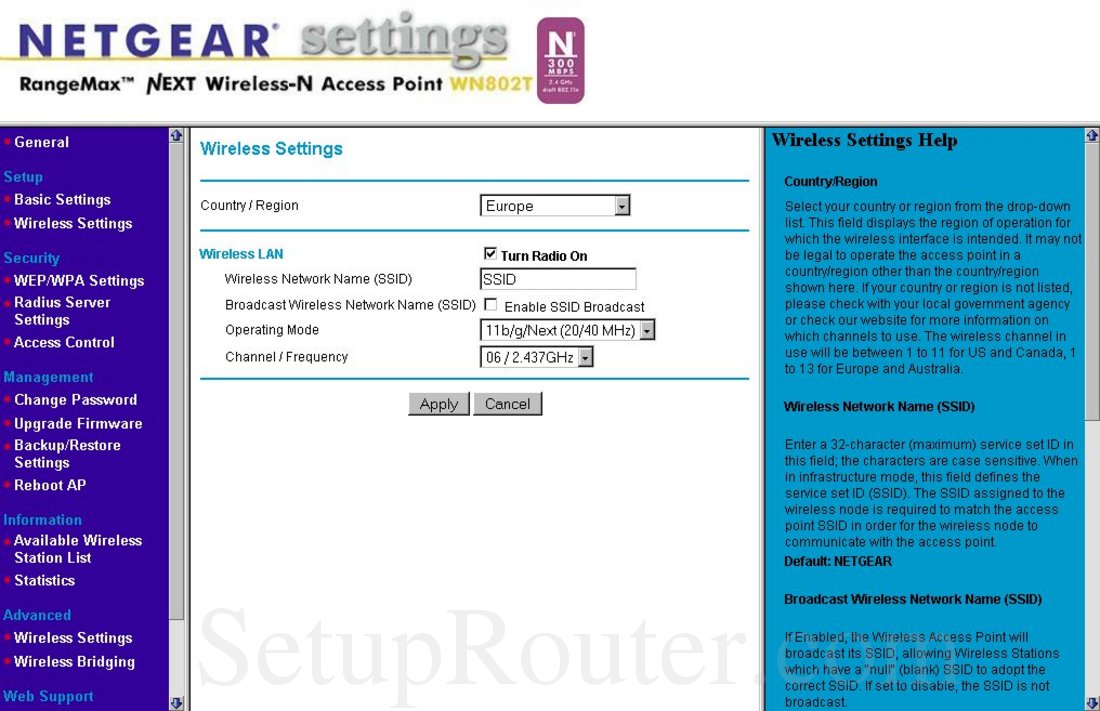 Netgear WN802T Screenshot Wireless Settings