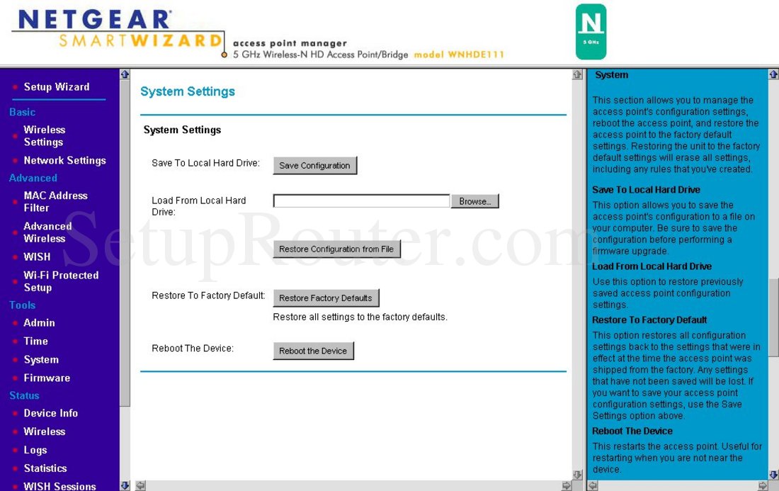 Netgear WNHDE111 Screenshot System Settings