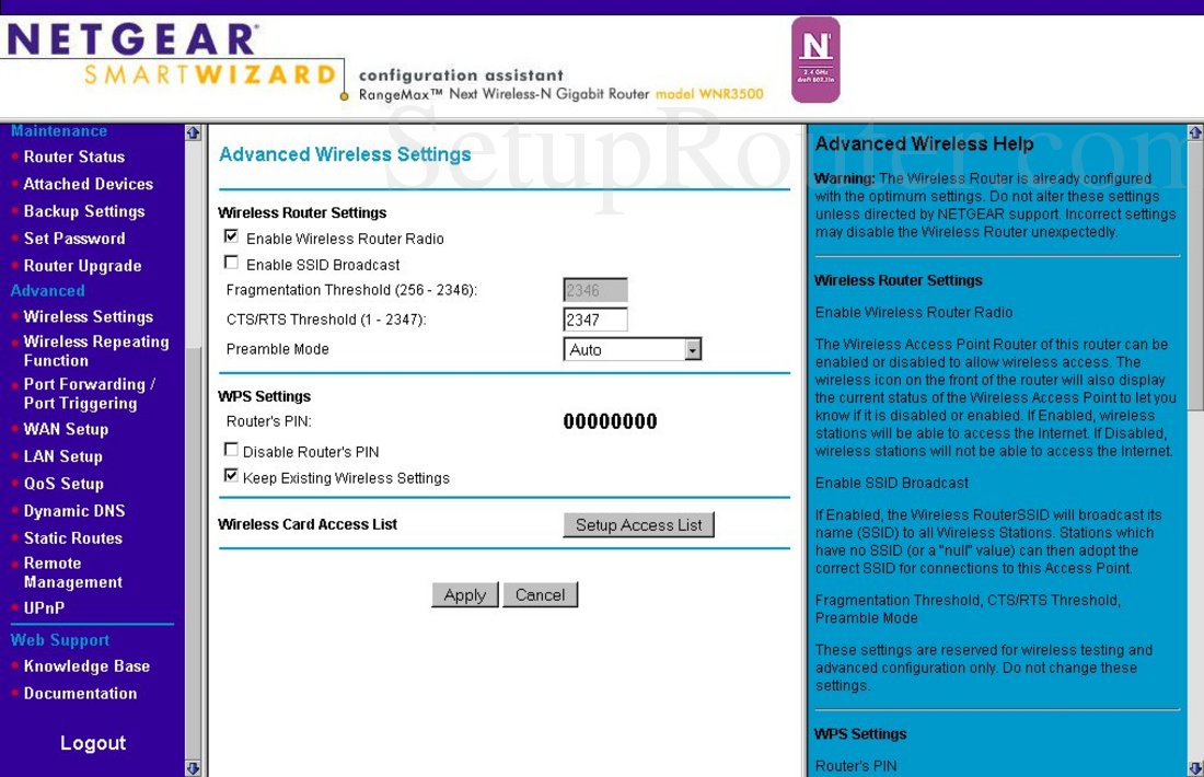 Netgear WNR3500 Screenshot Advanced Wireless Settings