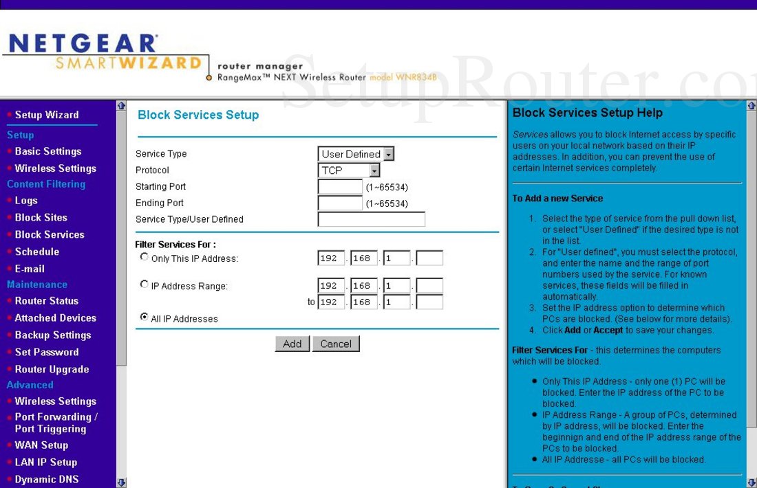 Netgear WNR834B Screenshot Block Services - Add