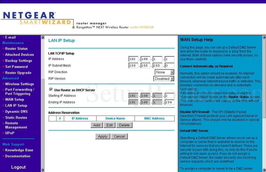 Netgear WNR834B Screenshot LAN IP Setup