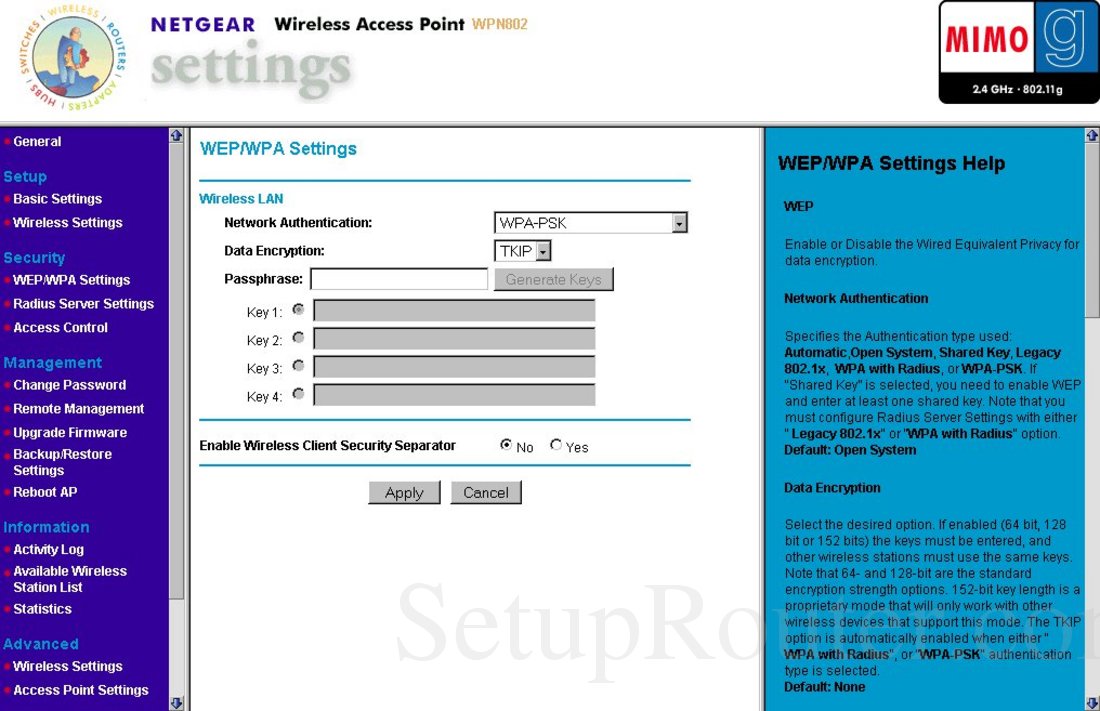 Netgear WPN802 Screenshot WEPWPA Settings
