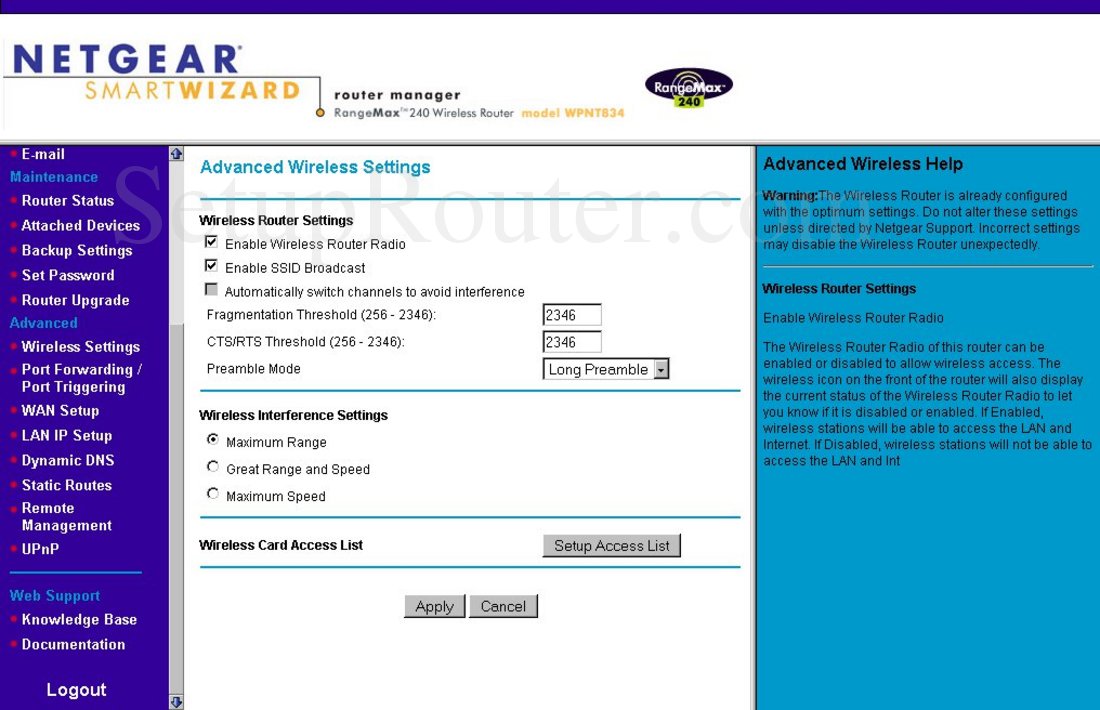 Netgear WPNT834 Screenshot Advanced Wireless Settings