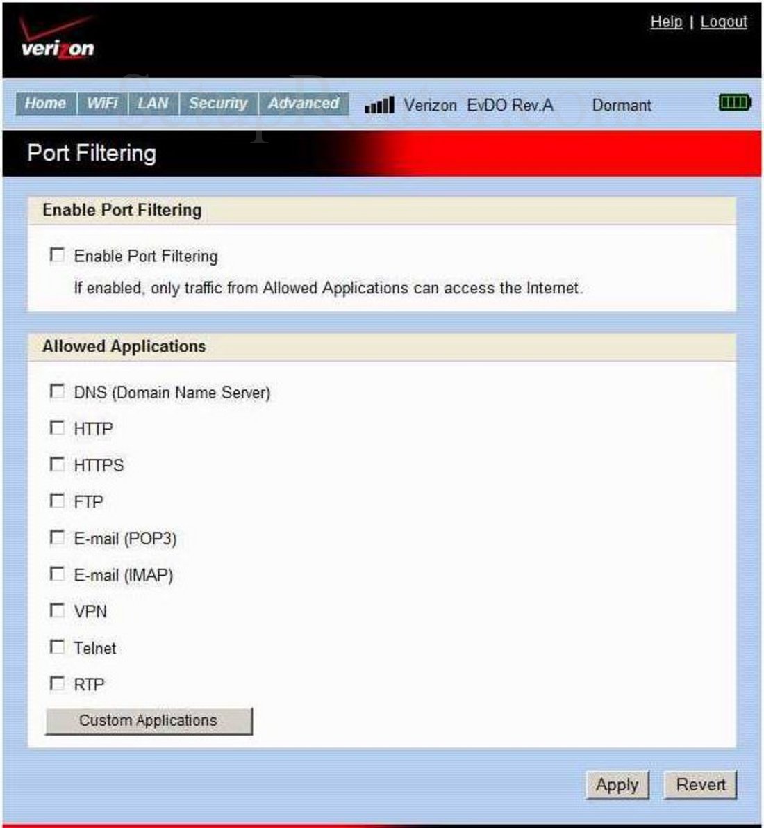 NovatelWireless MiFi2200VZW Screenshot Port Filtering
