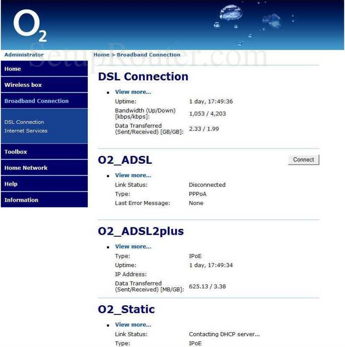 O2 TG582n Screenshot Broadband Connection