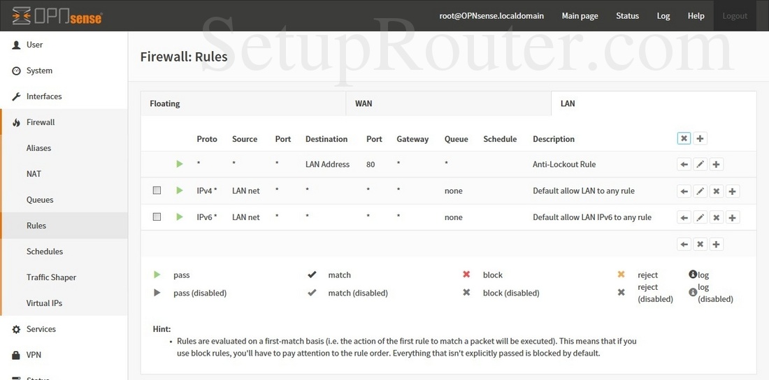 OPNsense 15112i386 Screenshot FirewallRulesLAN