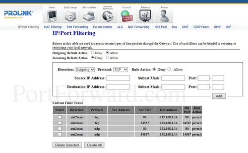 Prolink H5201 IP Port Filtering