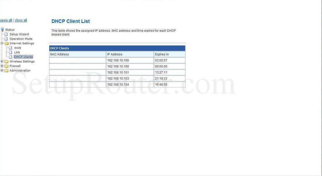 Prolink WNR1006 Screenshot DHCP Client List