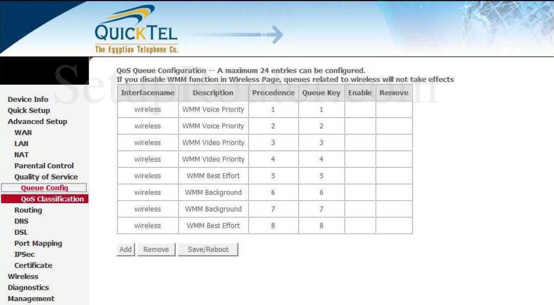 Quicktel QAR367EW Screenshot QoS Queue Configuration