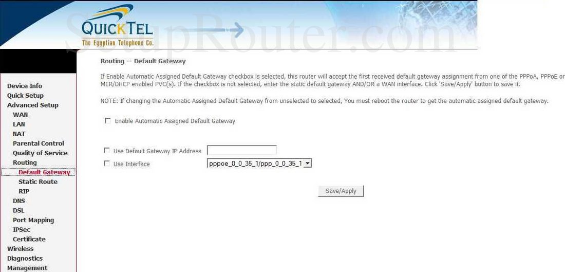 Quicktel QAR367EW Screenshot Routing - Default Gateway