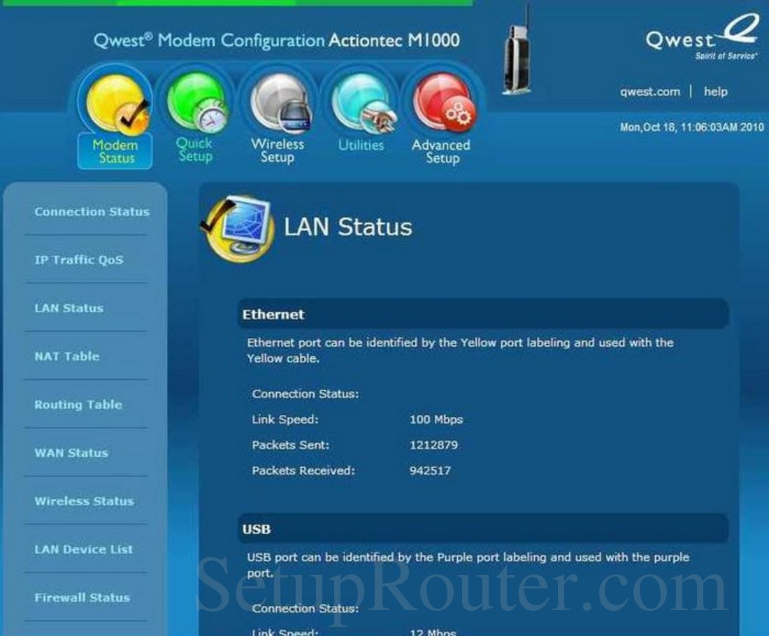 Qwest M1000 Screenshot LAN Status