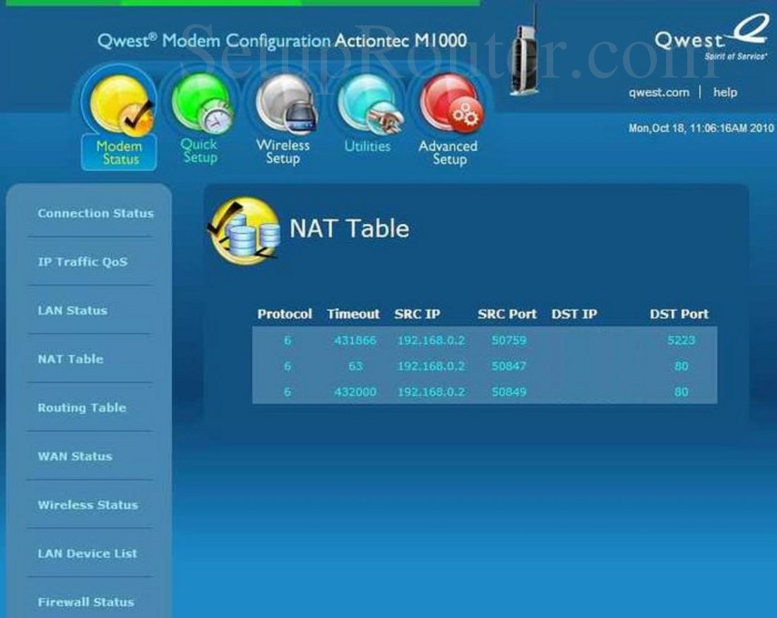 Qwest M1000 Screenshot NAT Table