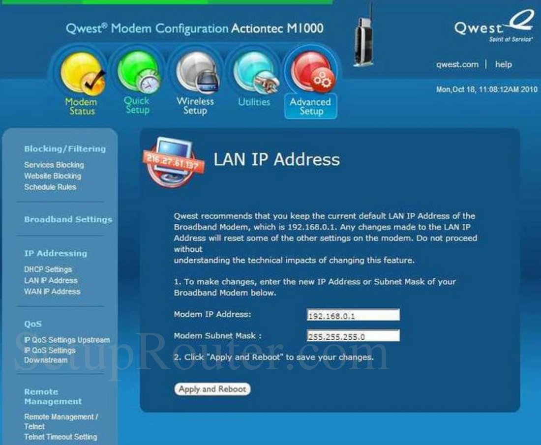 Qwest M1000 Screenshot LAN IP Address