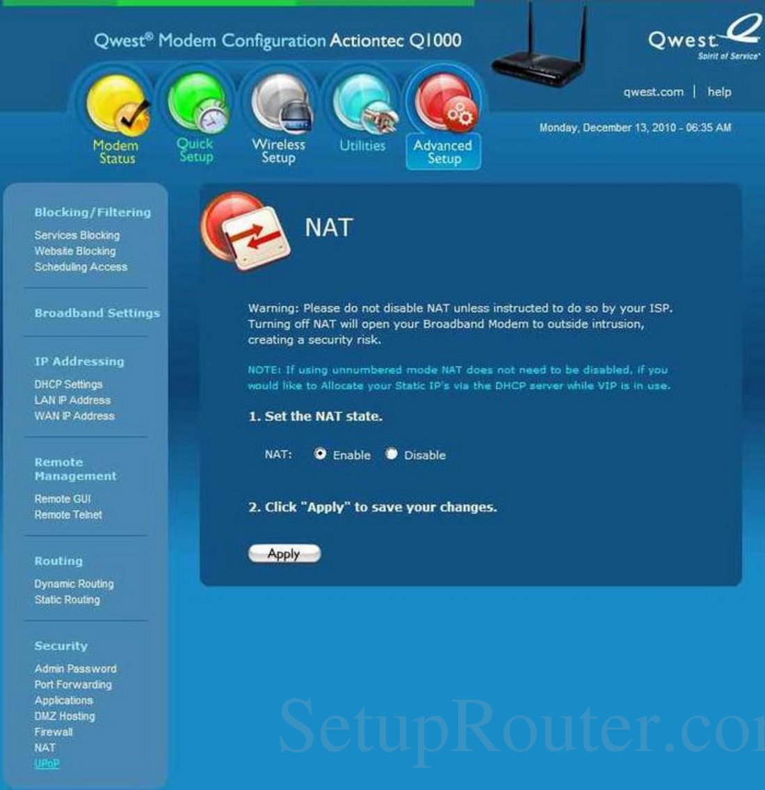 Qwest Q1000 Screenshot NAT
