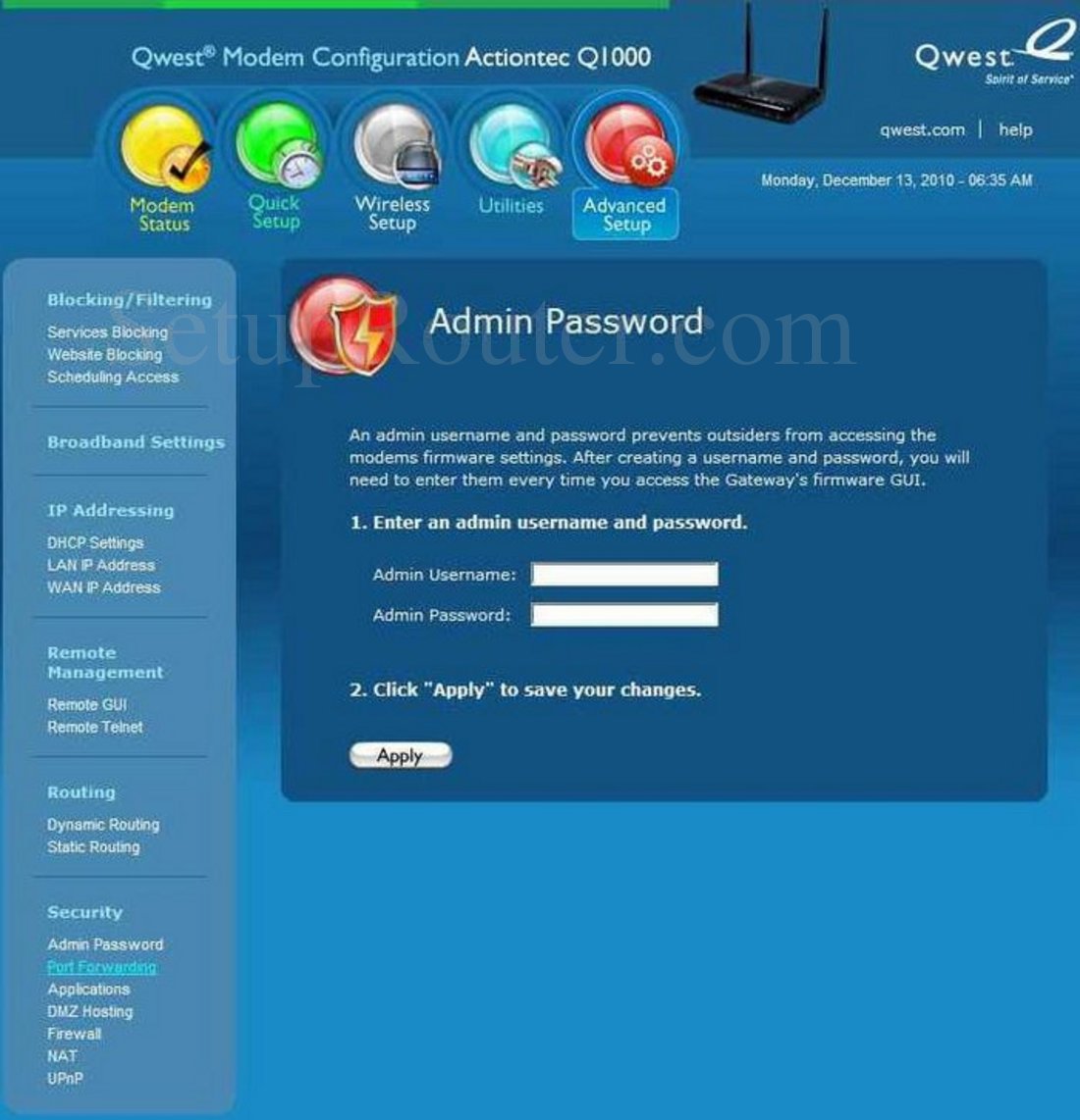 Qwest Q1000 Screenshot Admin Password
