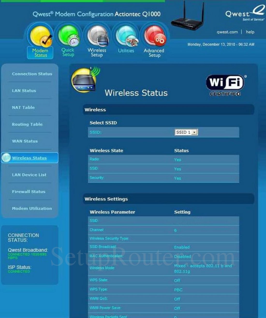 Qwest Q1000 Screenshot Wireless Status