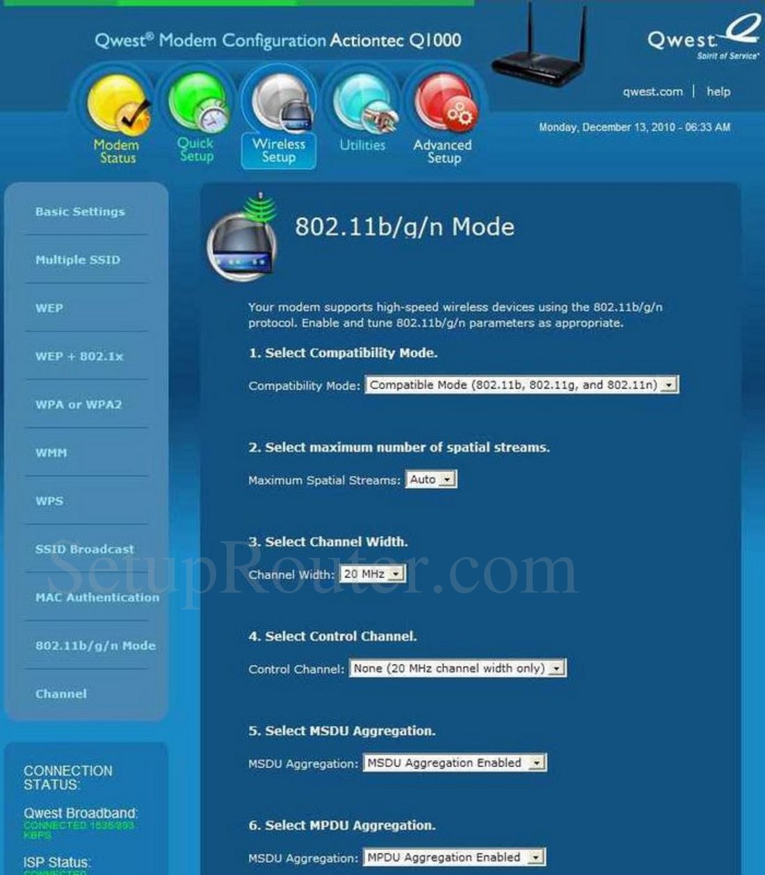 Qwest Q1000 Screenshot Wireless 802.11b g n Mode