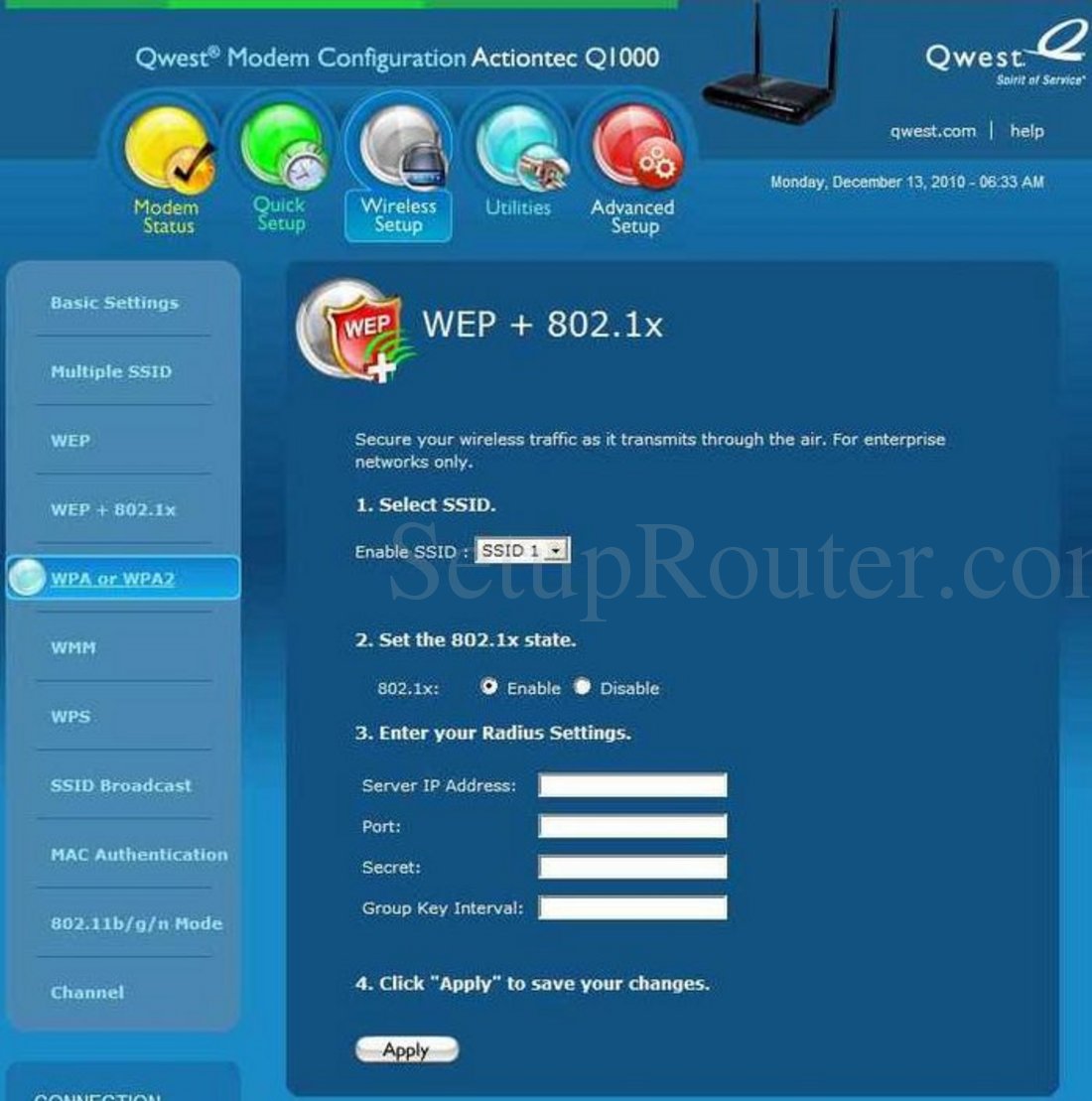Qwest Q1000 Screenshot Wireless WEP and 802.1x