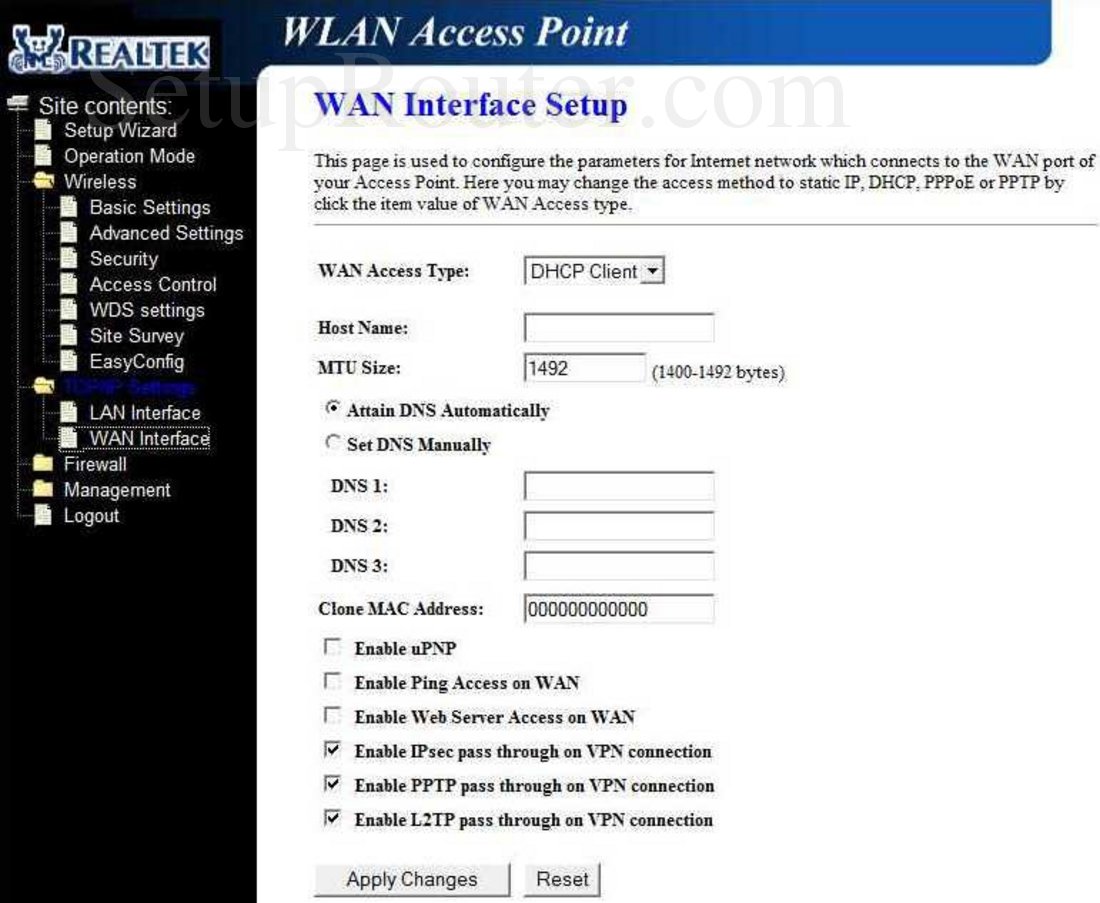 RealTek RT3500 Screenshot WAN Interface Setup
