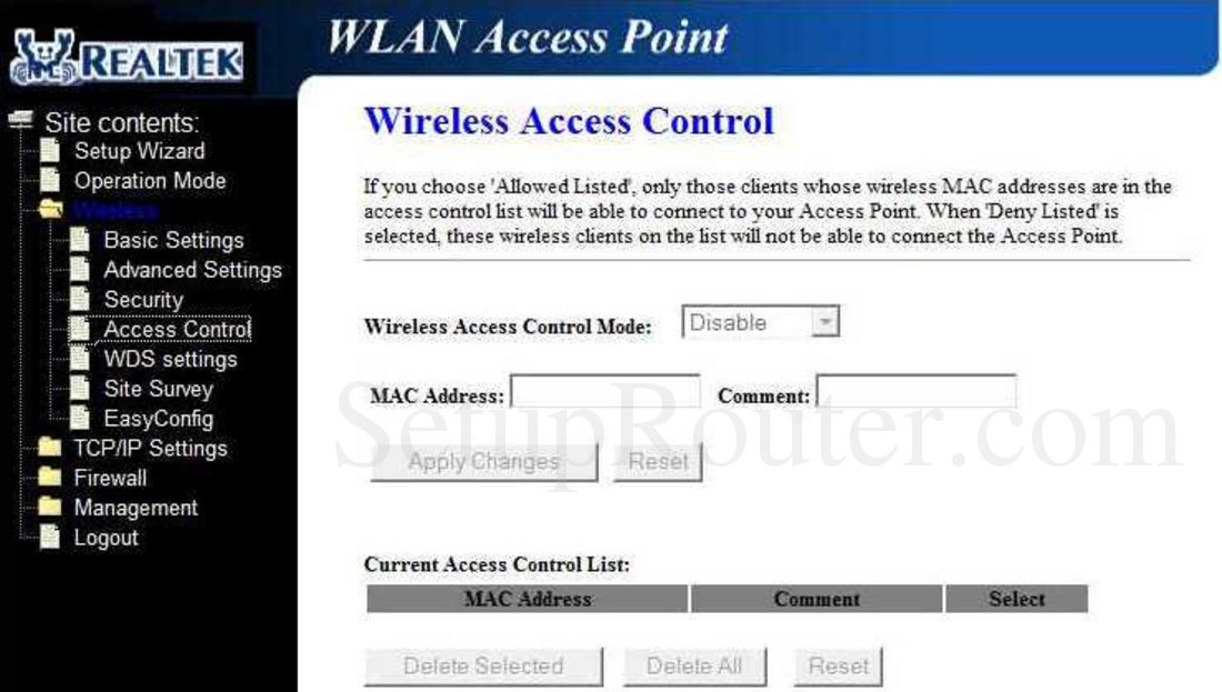 RealTek RT3500 Screenshot Wireless Access Control