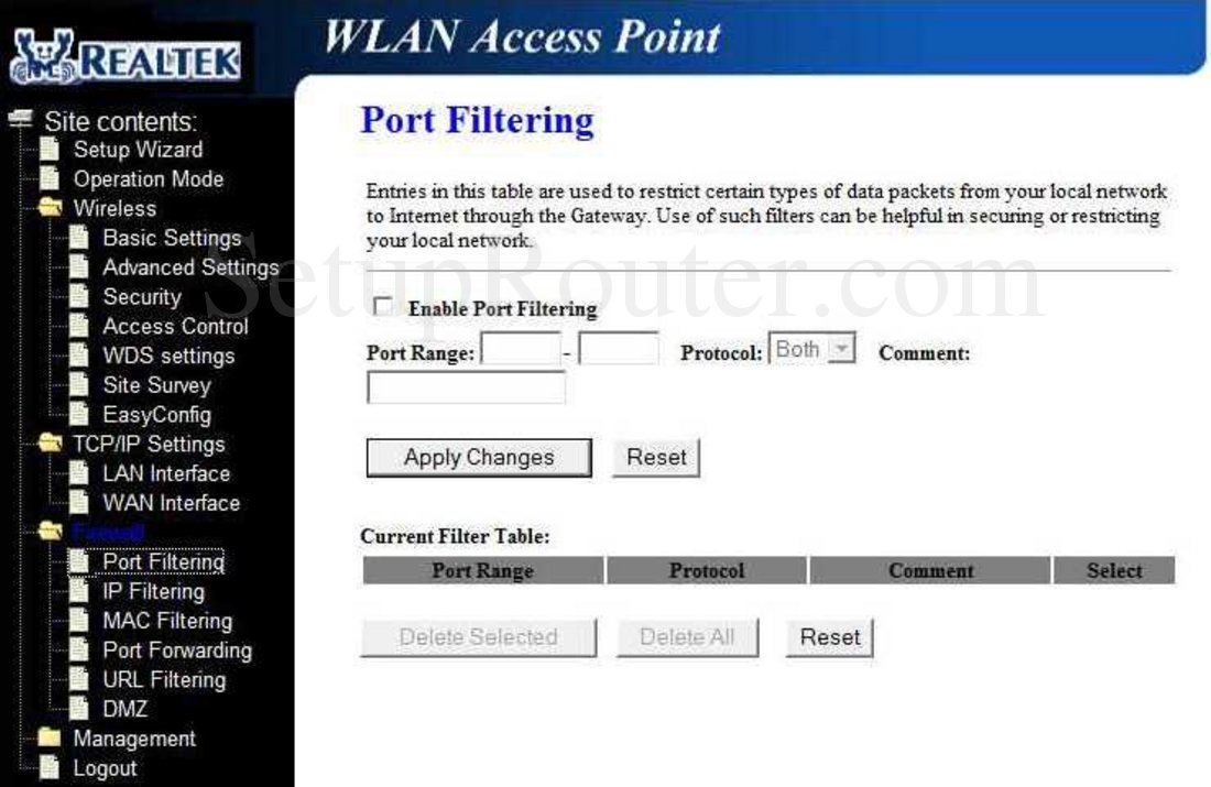 RealTek RT3500 Screenshot Port Filtering