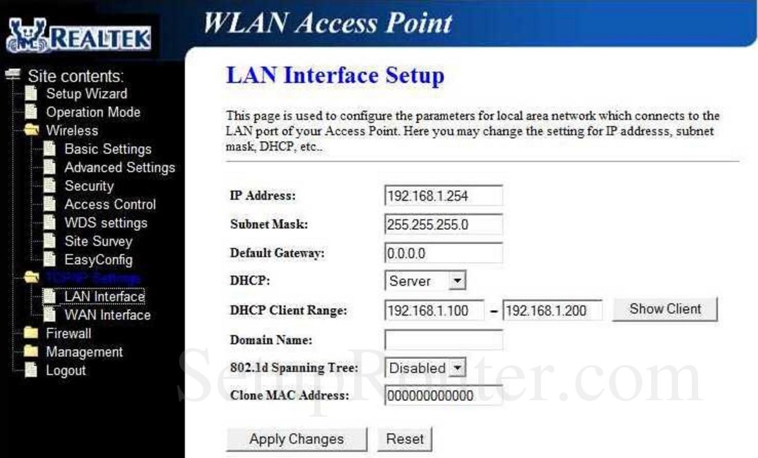 RealTek RT3500 Screenshot LAN Interface Setup