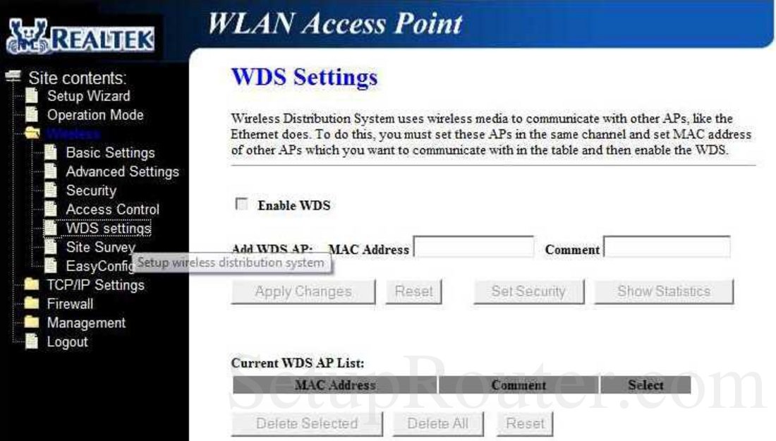 RealTek RT3500 Screenshot Wireless WDS Settings