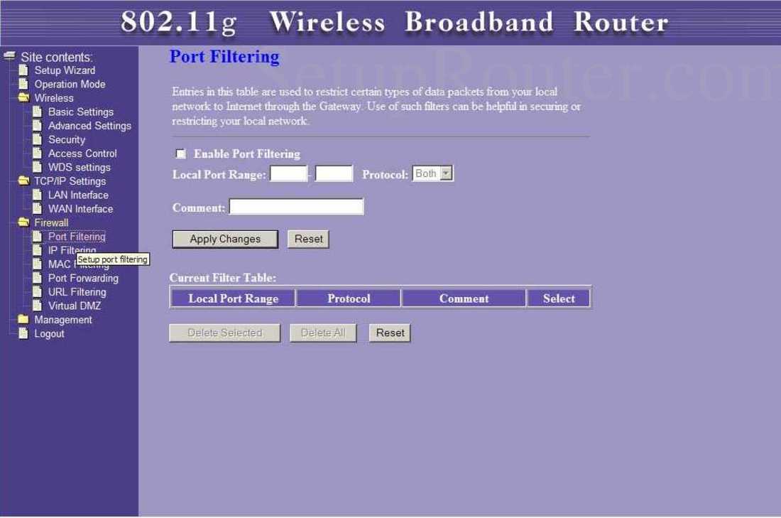Repotec RPWR1440A Screenshot Port Filtering