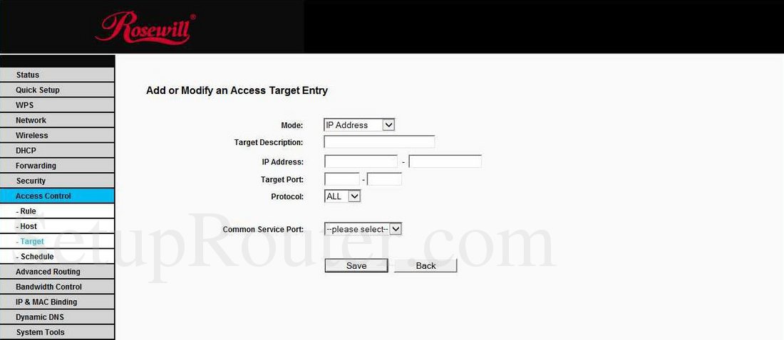 Rosewill RNX-N300RT Screenshot Access Control - Target Settings - Add New