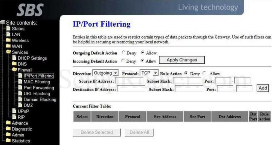 SBS BW5150 Screenshot IP and Port Filtering