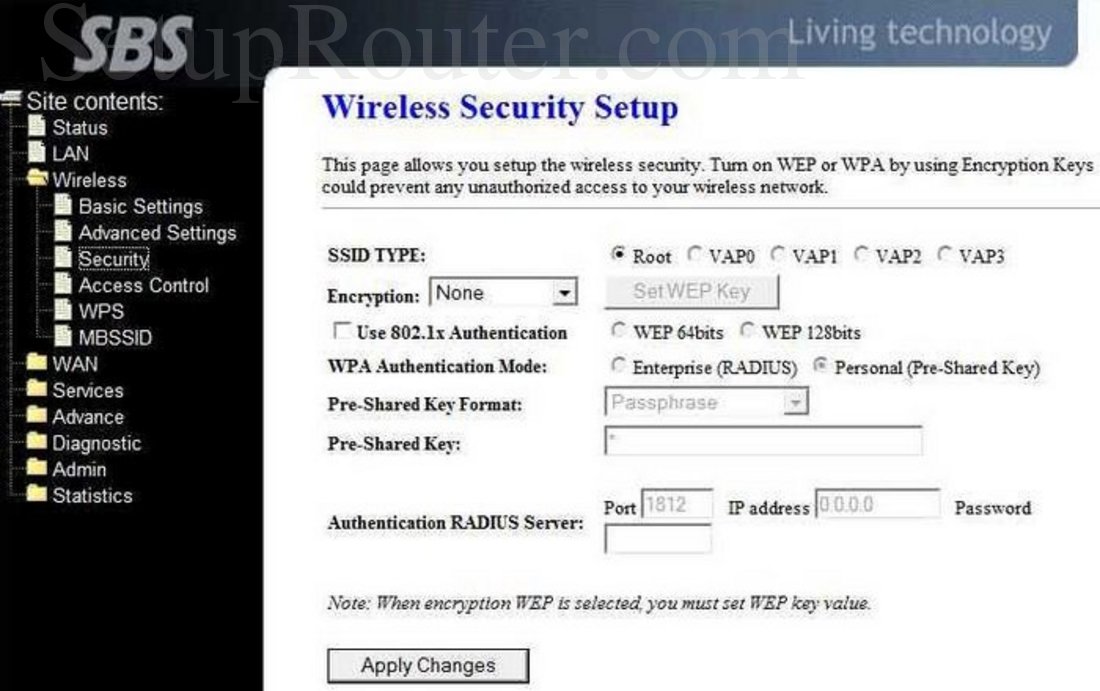 SBS BW5150 Screenshot Wireless Security Setup