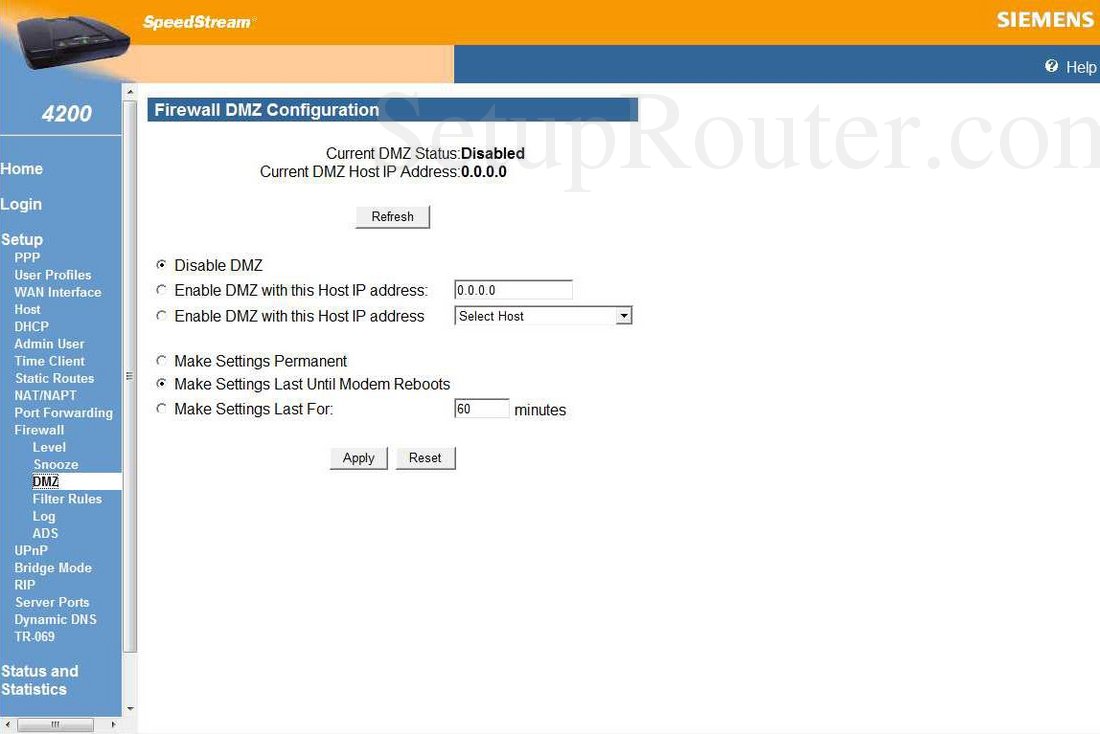 Siemens SpeedStream4200 Screenshot Firewall DMZ Configuration