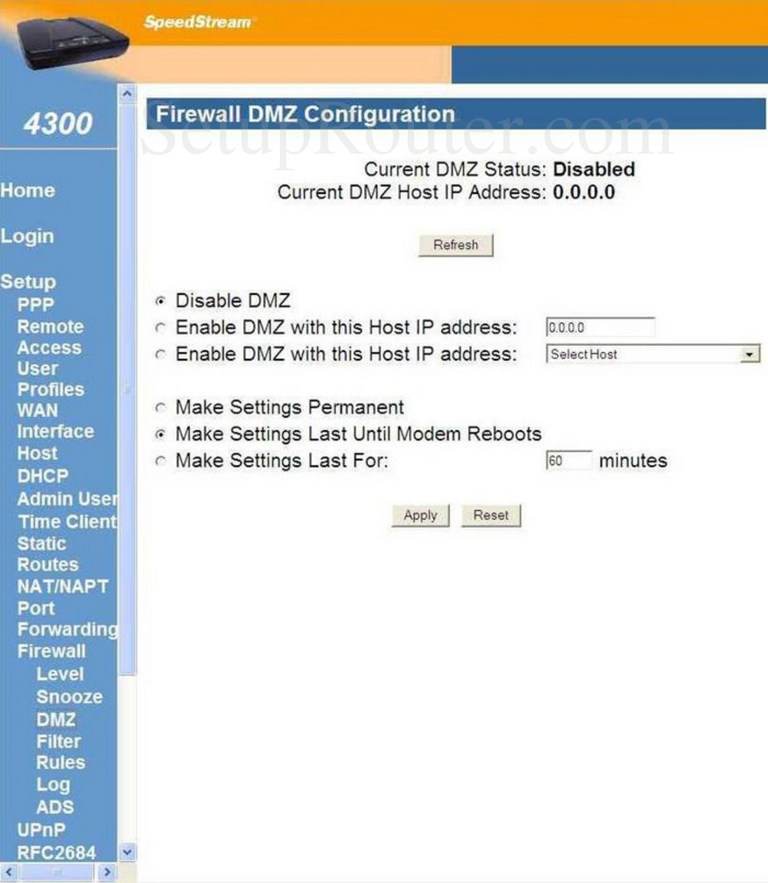 Siemens SpeedStream4300 Screenshot Firewall DMZ Configuration