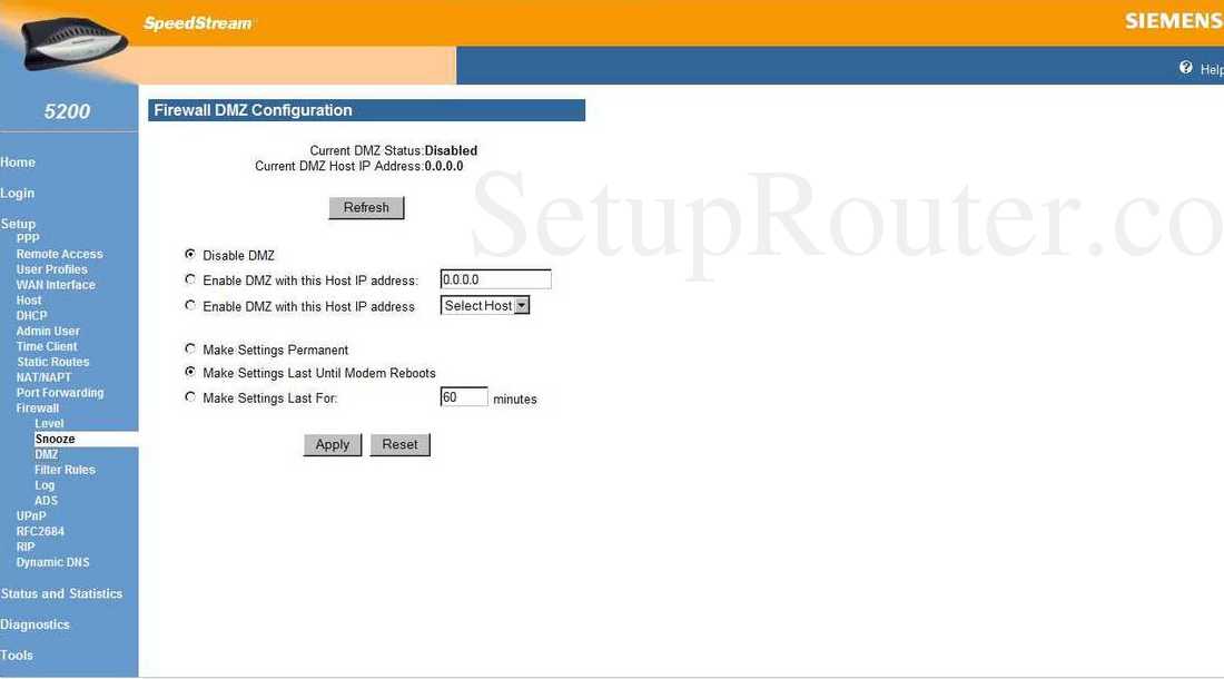 Siemens SpeedStream5200 Screenshot Firewall DMZ Configuration