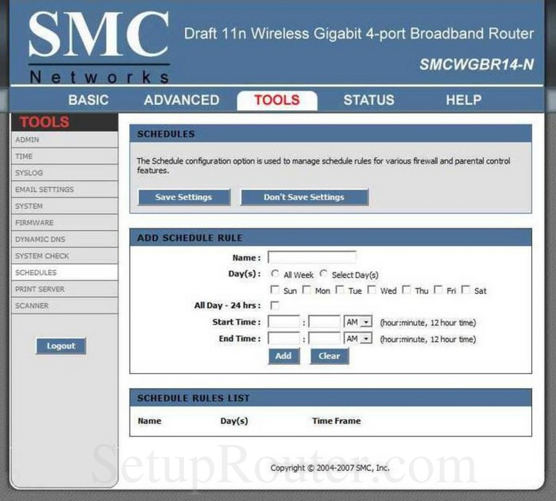 SMC SMCWGBR14-N Screenshot Schedules