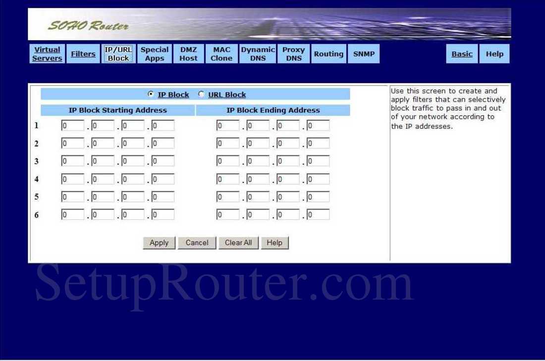 SOHO 18-OB-WR85-FHEU Screenshot IP and URL Block