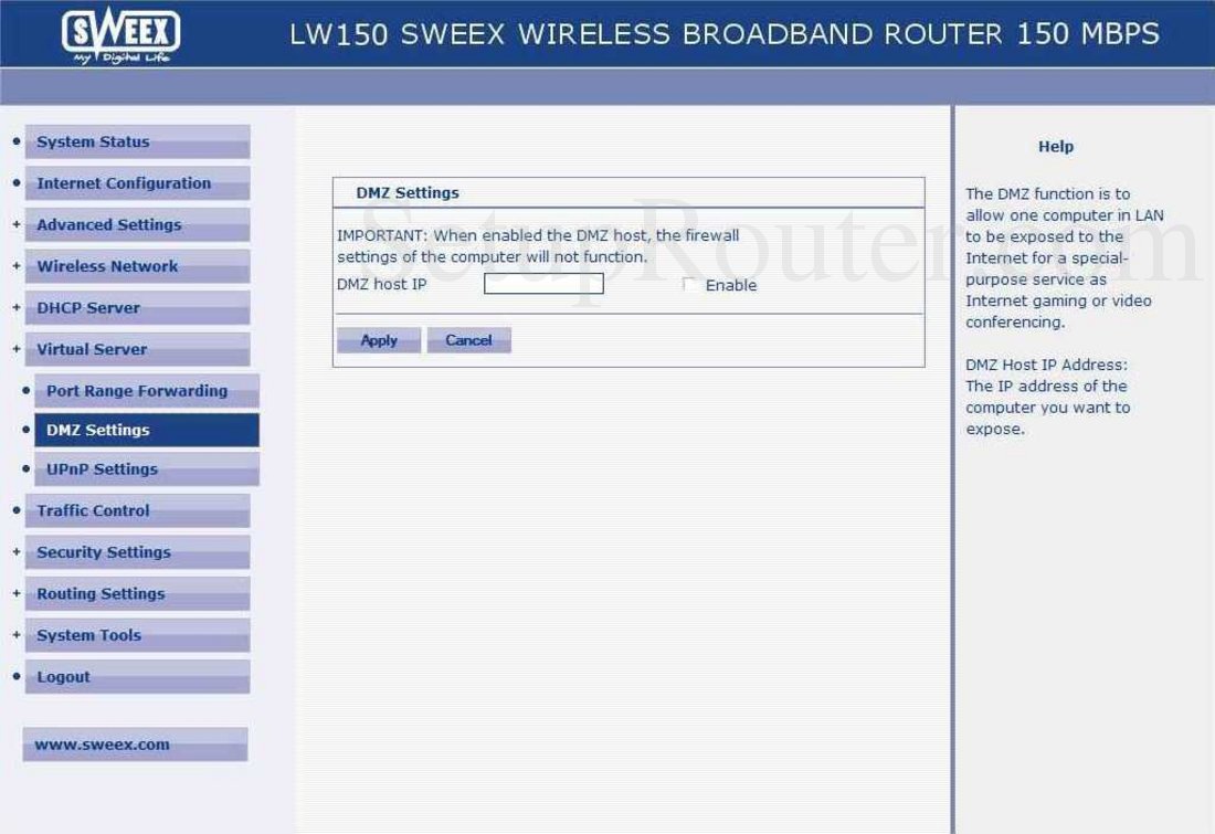 Sweex LW150 Screenshot DMZ Settings