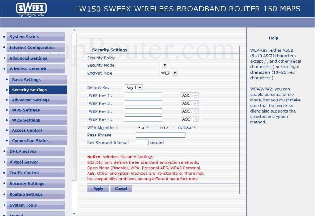 Sweex LW150 Screenshot Wireless Security Settings