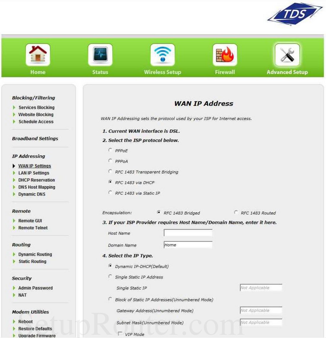 TDS GT784WN Screenshot WAN IP Address