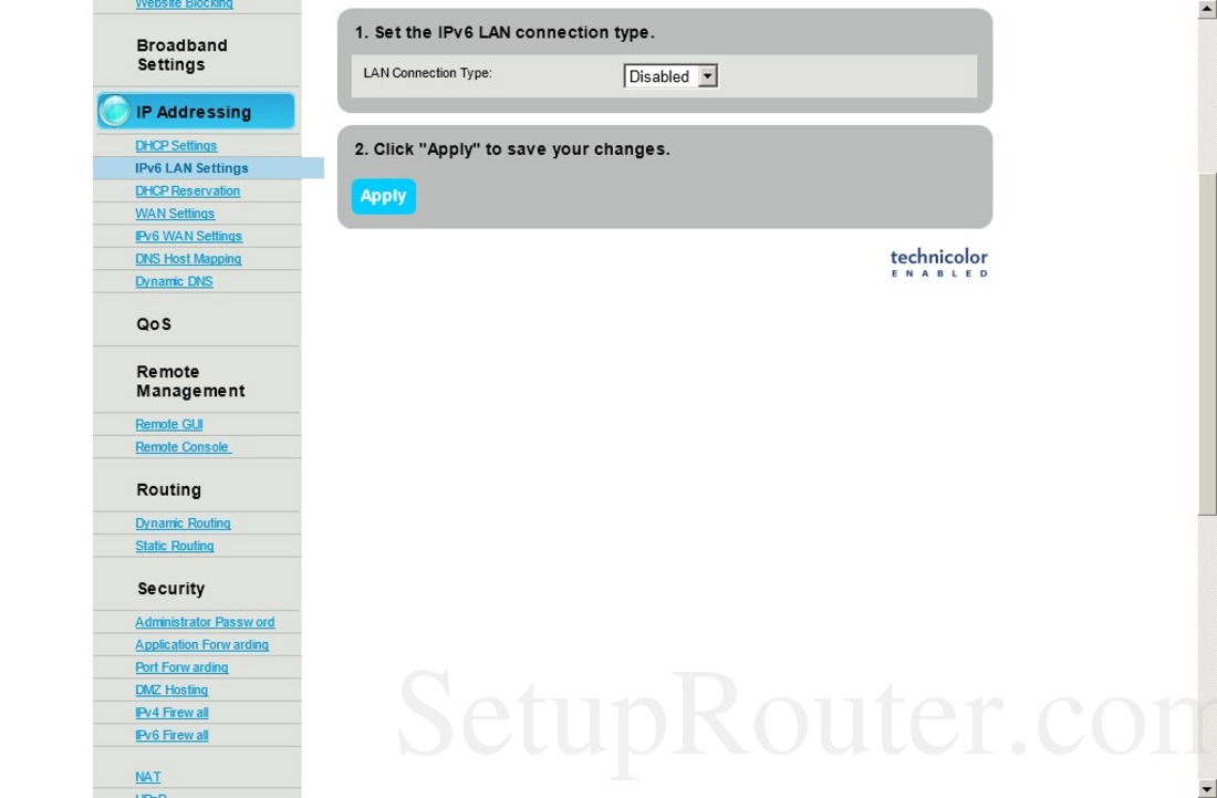 technicolor router configuration page