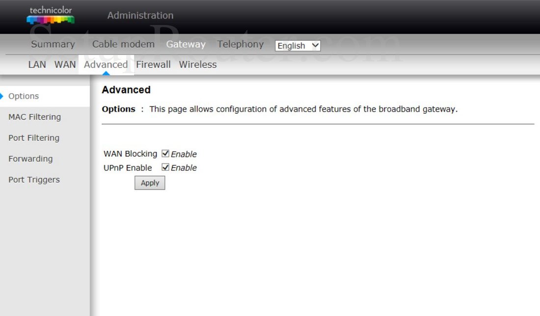 Technicolor TC7200K Screenshot AdvancedOptions