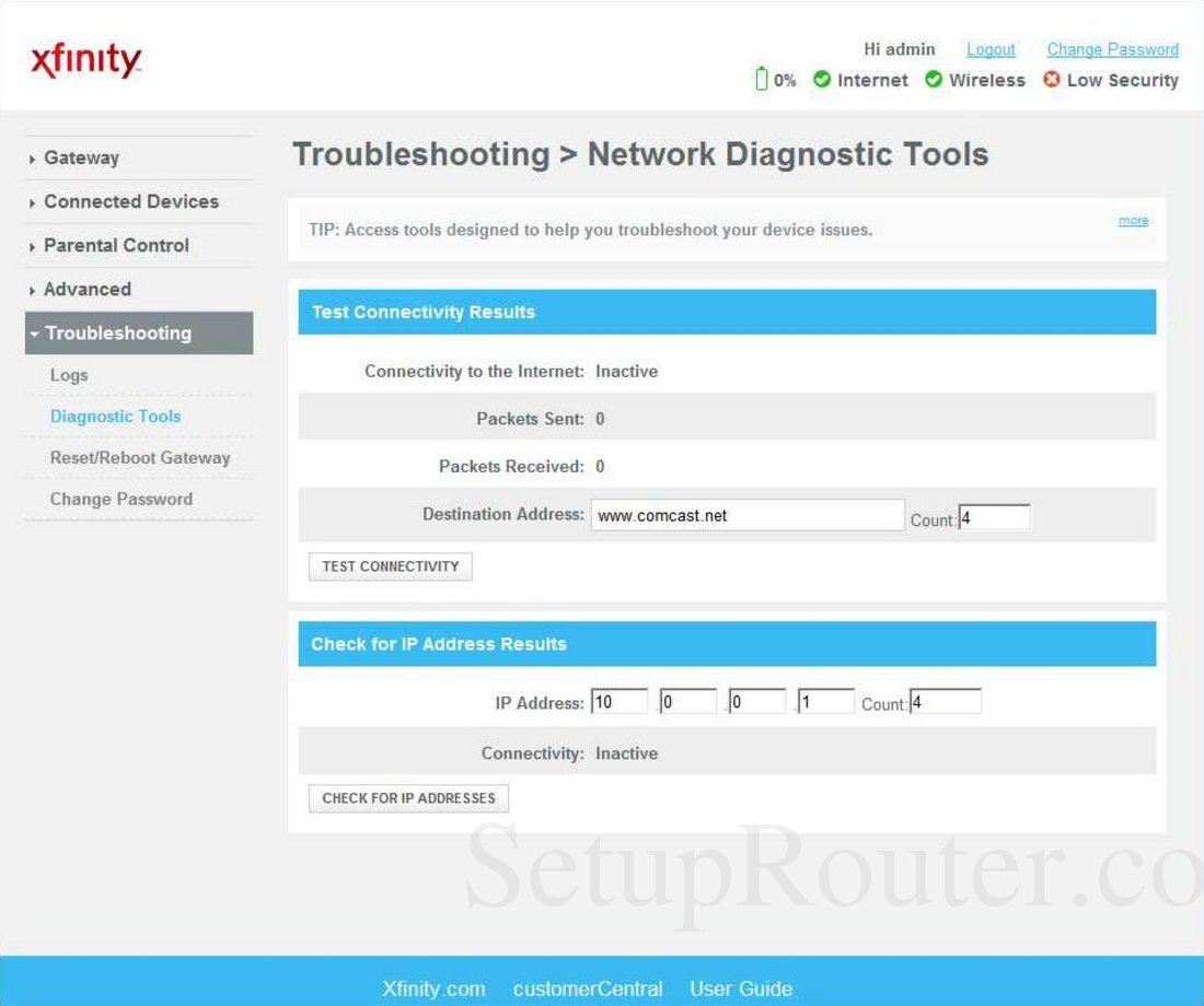 Technicolor TC8305C Screenshot Network Diagnostic Tools