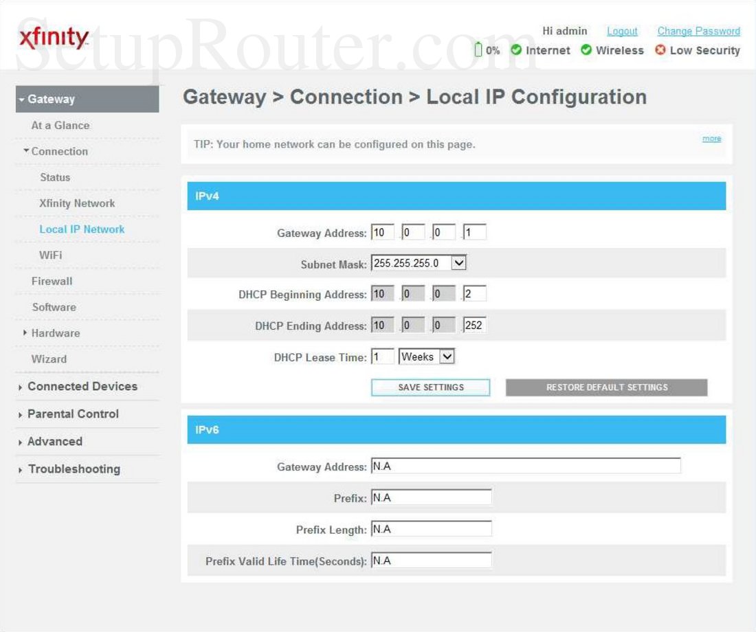Technicolor TC8305C Screenshot Local IP Configuration