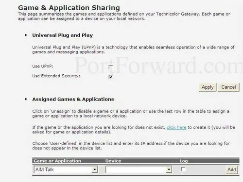 Technicolor TD5136v2 Game and Application Sharing - Configure
